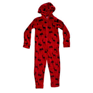Dip Red With Moose Pattern One Piece Hooded Open Feet Pajamas Size Small (6/7)